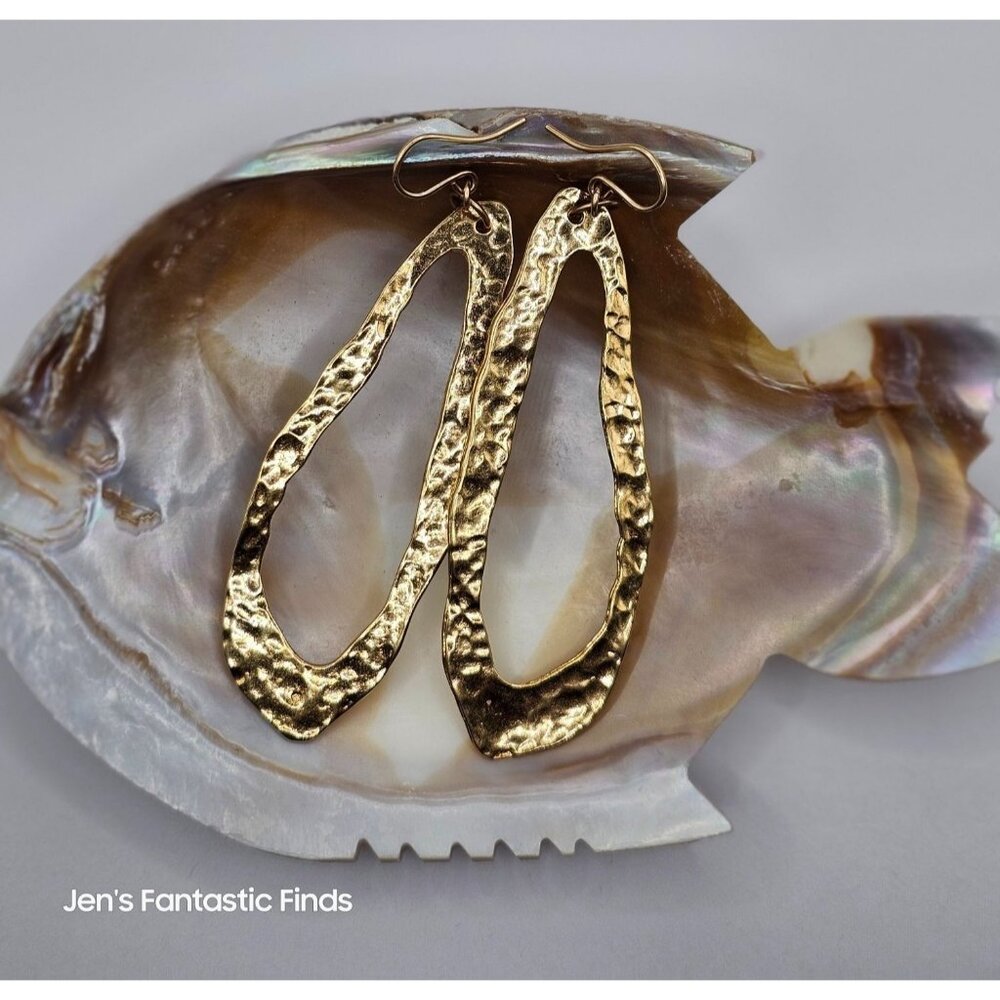 Statement Hammered Gold Tone Asymmetrical Large Hoop Earrings 3"